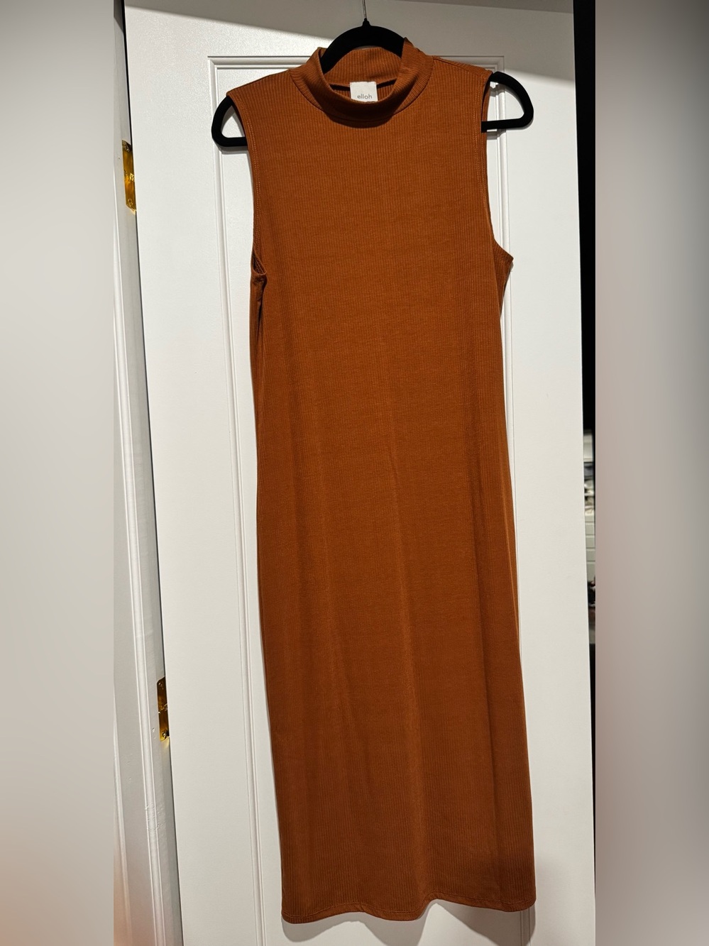 PinkBlush Camel Ribbed Sleeveless Mock Neck Maternity Midi Dress EUC - Picture 2 of 4